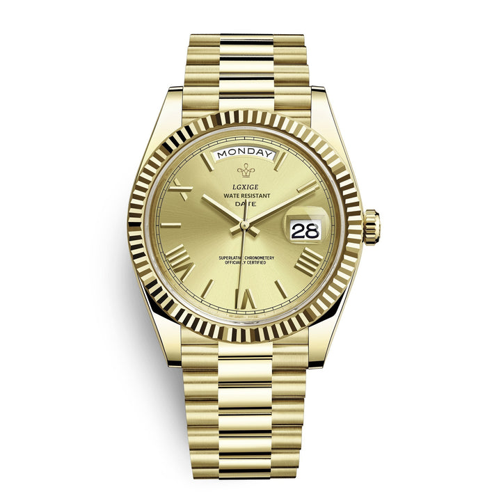 Elegant Men's Business Watch. Stainless steel quartz timepiece featuring a day and date display.