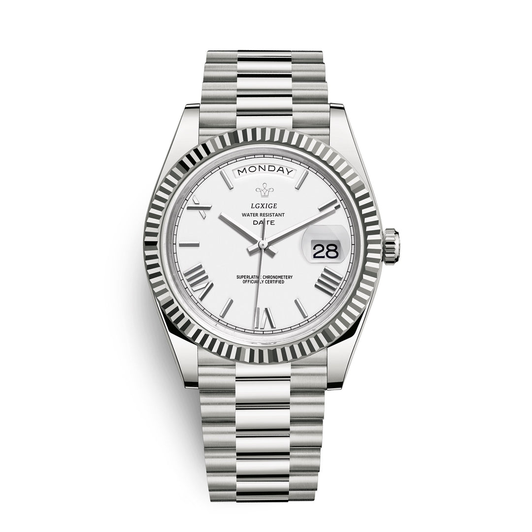 Men's Stainless Steel Watch. Elegant classic timepiece with accurate quartz movement and day date.