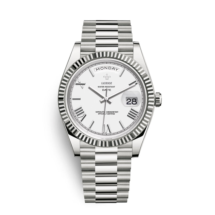 Men's Stainless Steel Watch. Elegant classic timepiece with accurate quartz movement and day date.