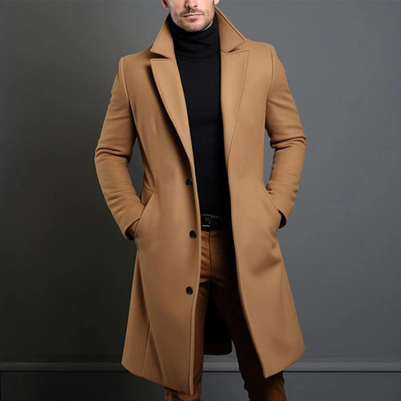 Elegant men's formal winter coat in dark color, perfect for business attire and cold weather.