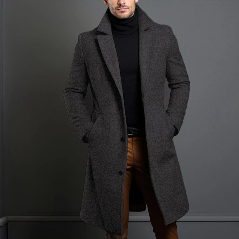 Men's warm formal winter coat for cold weather, showcasing a sophisticated design for outerwear.