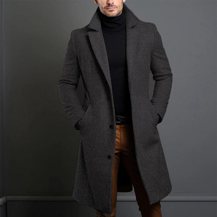 Men's warm formal winter coat for cold weather, showcasing a sophisticated design for outerwear.