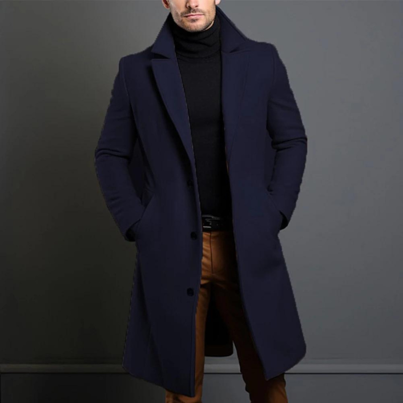 Close-up of a men's elegant formal winter coat, highlighting fabric texture and warm design.