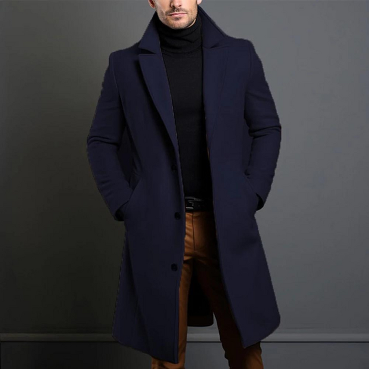 Close-up of a men's elegant formal winter coat, highlighting fabric texture and warm design.
