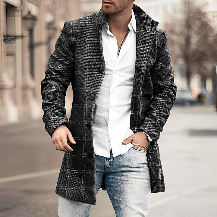 Menswear longcoat featuring a sophisticated houndstooth checkered pattern, ideal for elegant winter style.