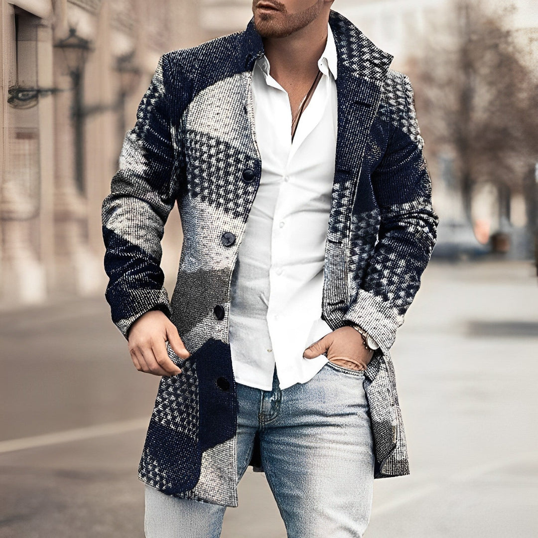 Classic men's tailored longcoat in a stylish houndstooth check, perfect for formal and elegant outerwear.
