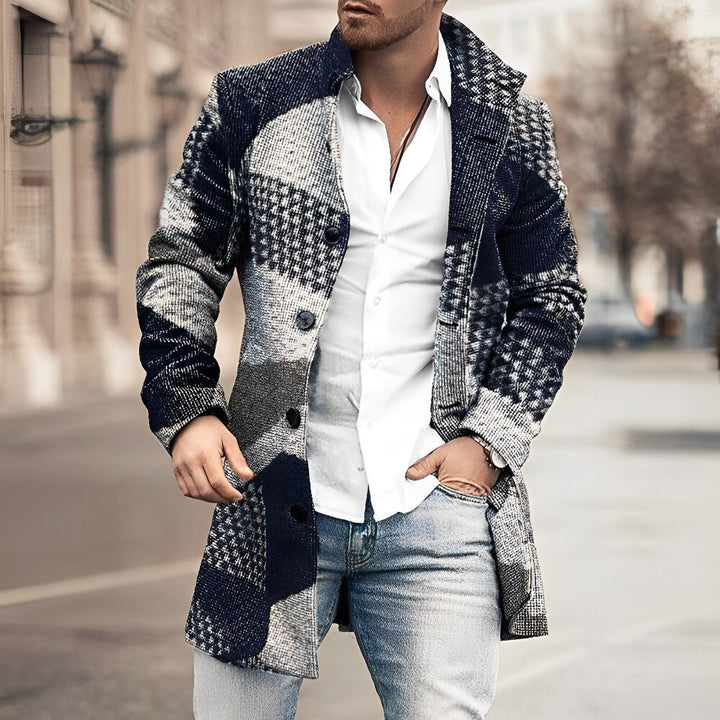 Classic men's tailored longcoat in a stylish houndstooth check, perfect for formal and elegant outerwear.