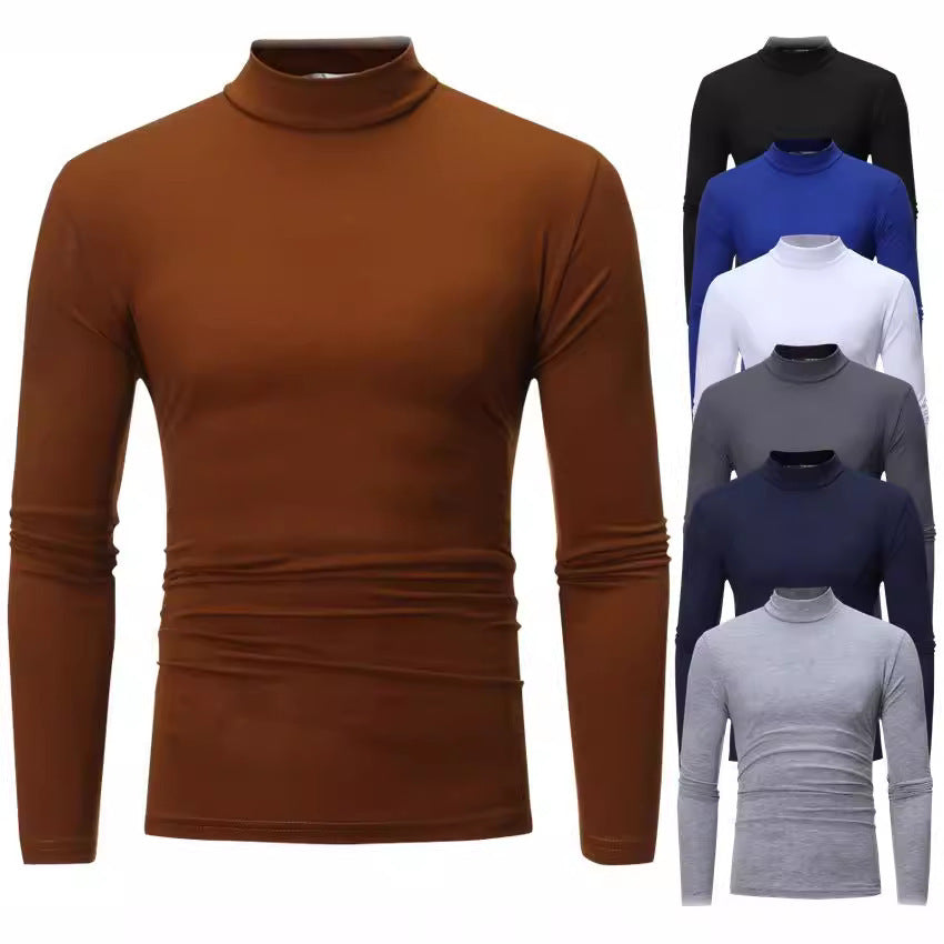 Close-up of soft knit fabric on a men's long-sleeve turtleneck t-shirt, highlighting comfort.