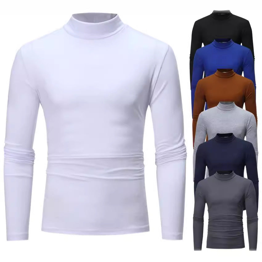 Men's turtleneck t-shirt, shown layered under a blazer, demonstrating versatile autumn fashion.