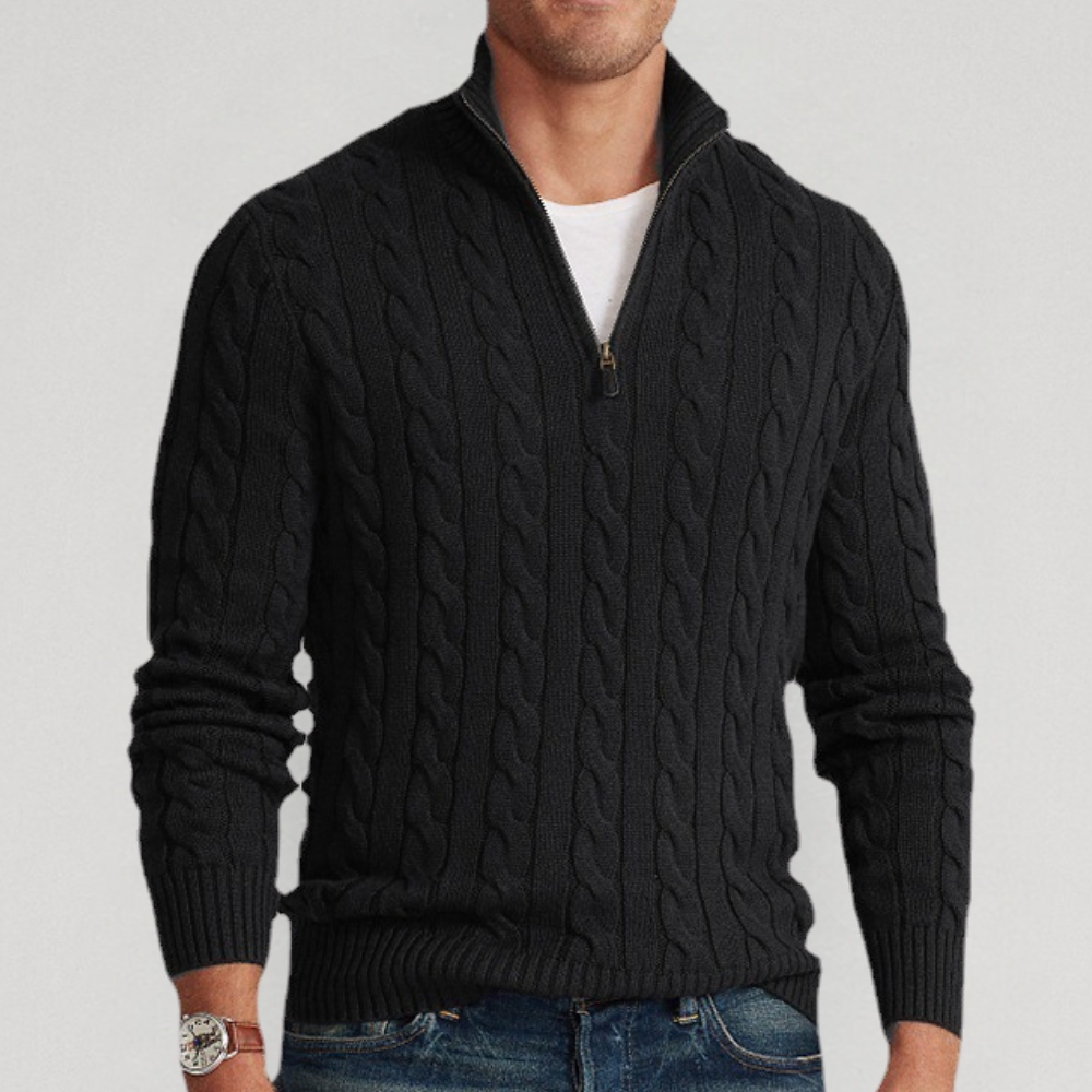 Elegant men's quarter-zip cable knit sweater for timeless winter style and versatile layering.