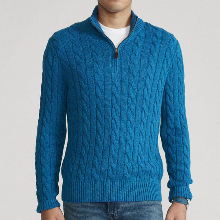 Men's casual quarter-zip cable knit sweater, ideal for comfortable everyday wear and cool weather.