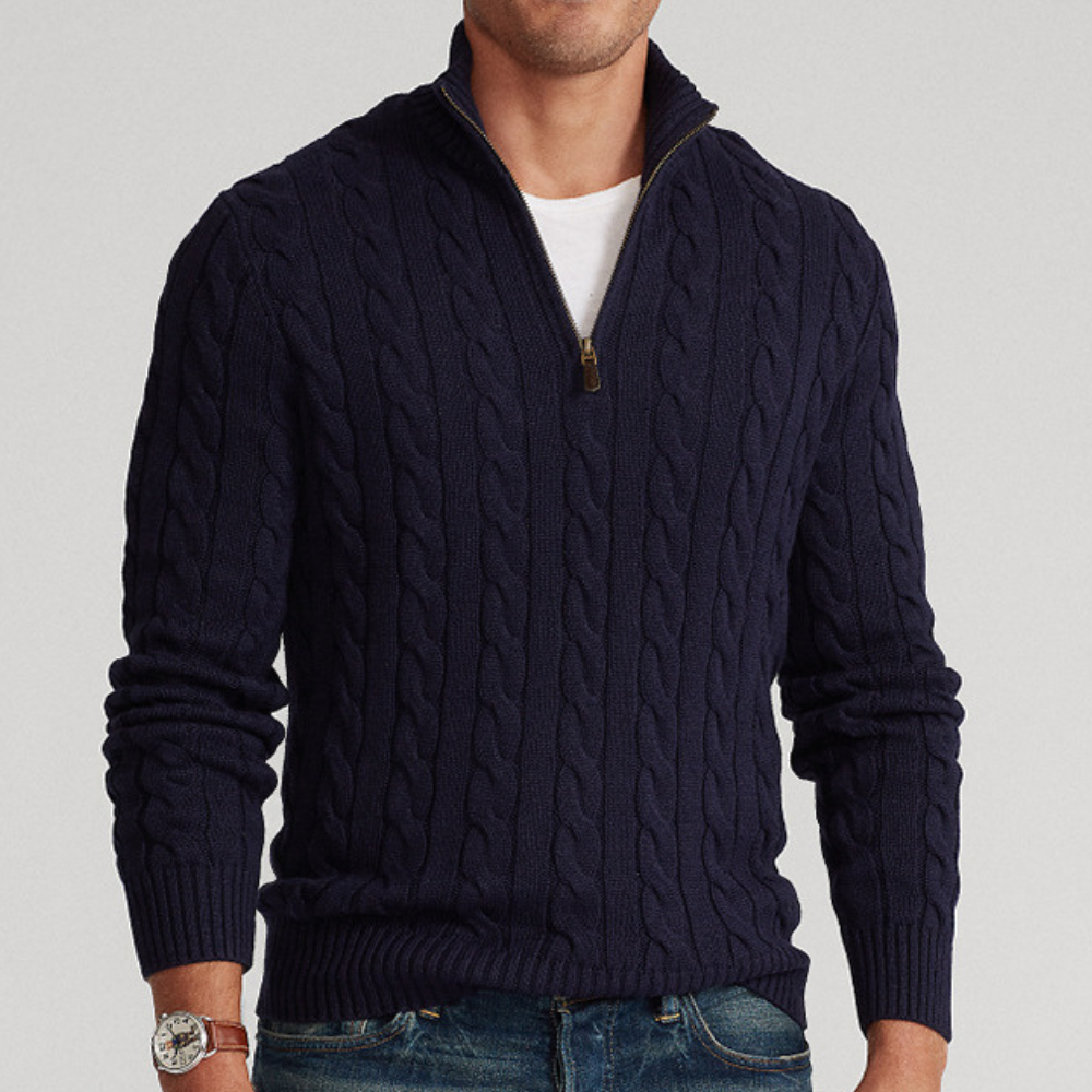 Stylish men's cable knit pullover with a mock neck quarter-zip, perfect for modern men's fashion.
