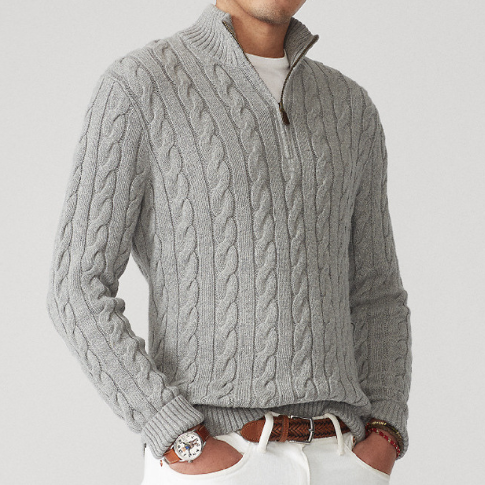 Classic men's quarter-zip knitwear, a warm cable knit sweater for sophisticated winter layering.
