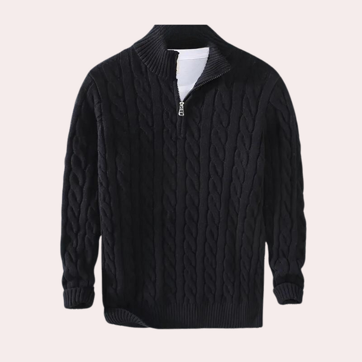 Full shot of men's quarter-zip cable knit sweater, showcasing its elegant design and fit.