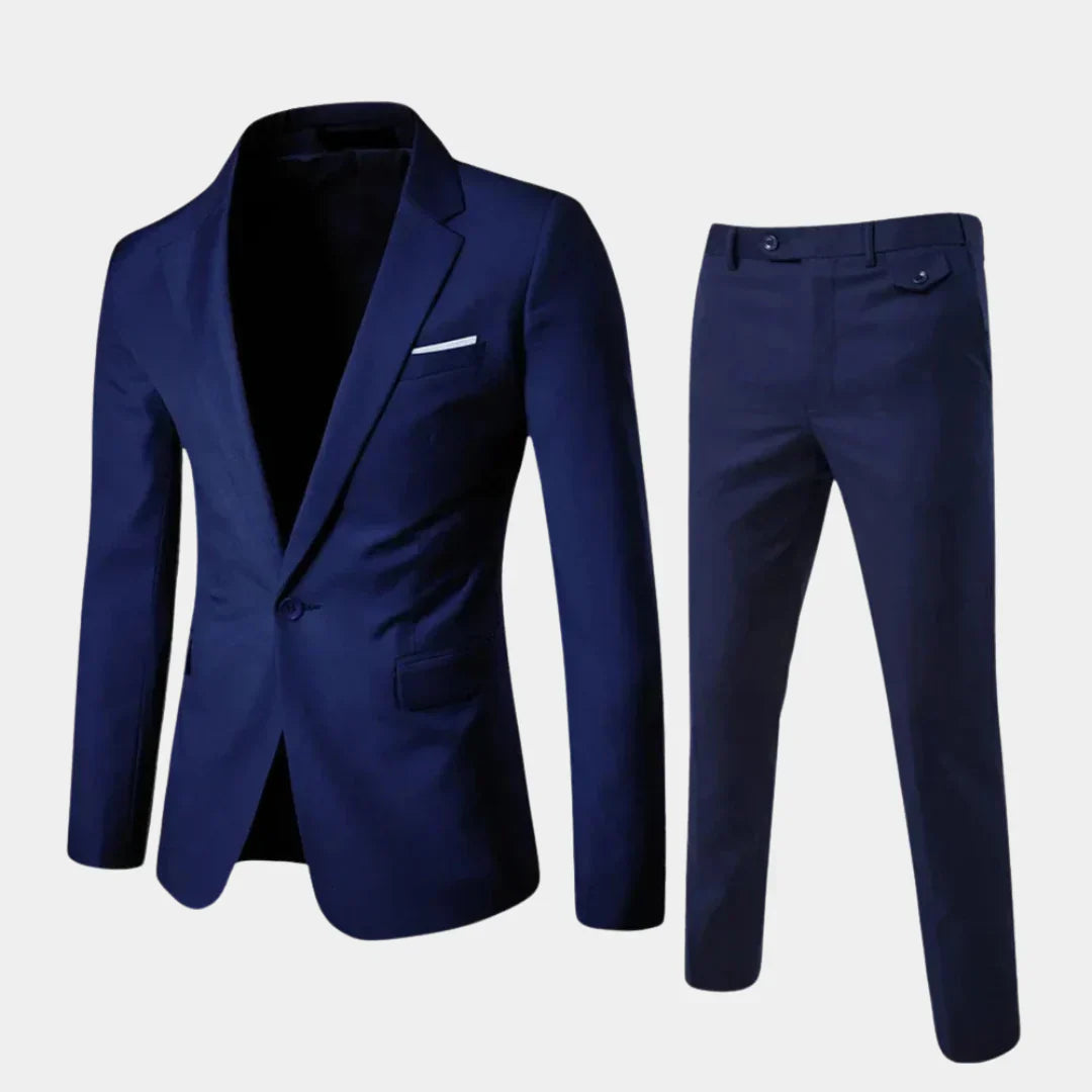 Elegant men's blazer and trousers set. This tailored suit is ideal formal wear for men's fashion.
