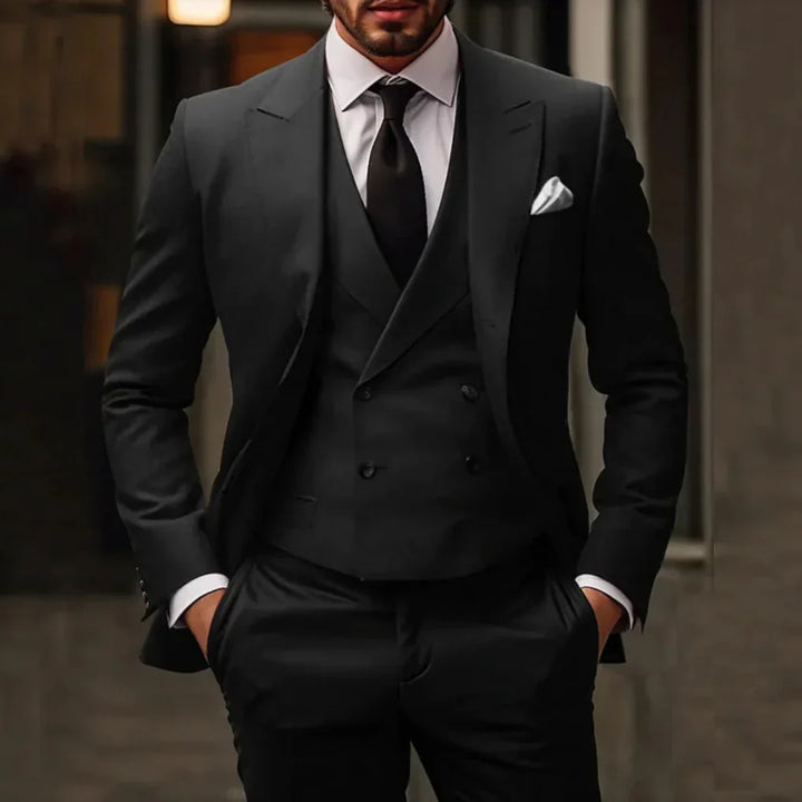 Elegant men's three-piece tailored suit set with jacket, vest & trousers, perfect for weddings & formal events.