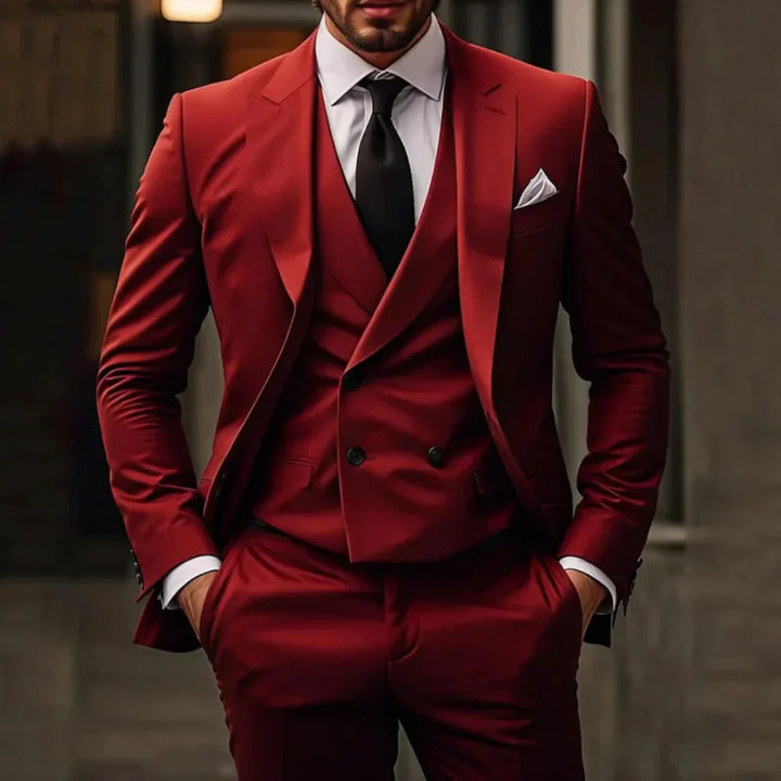 High-quality men's three-piece suit for formal events. Includes jacket, vest, & trousers for a complete professional look.