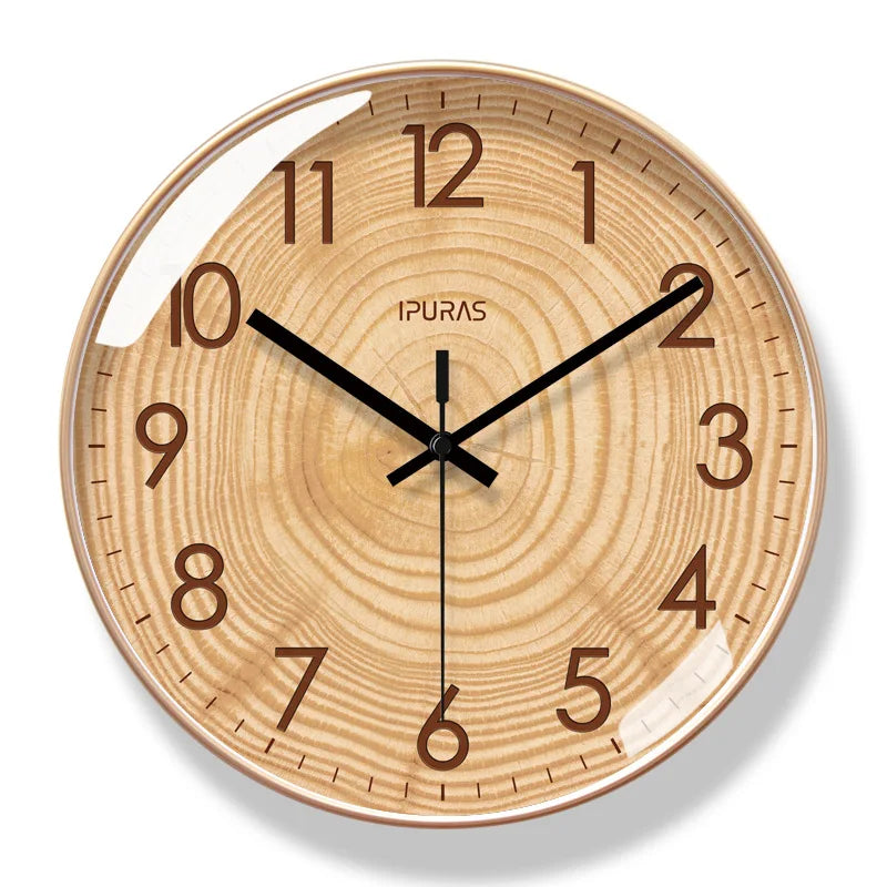 Round wooden wall clock, non-ticking. Brings serene elegance to a quiet bedroom, study, or living room decor.