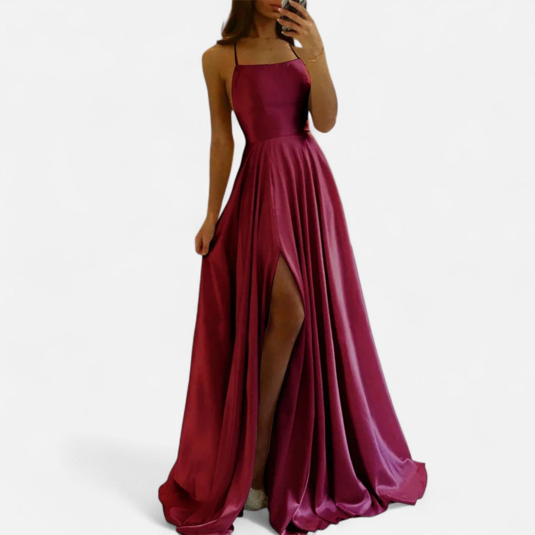 Light blue elegant maxi dress with a slit, perfect summer wedding guest attire or party dress