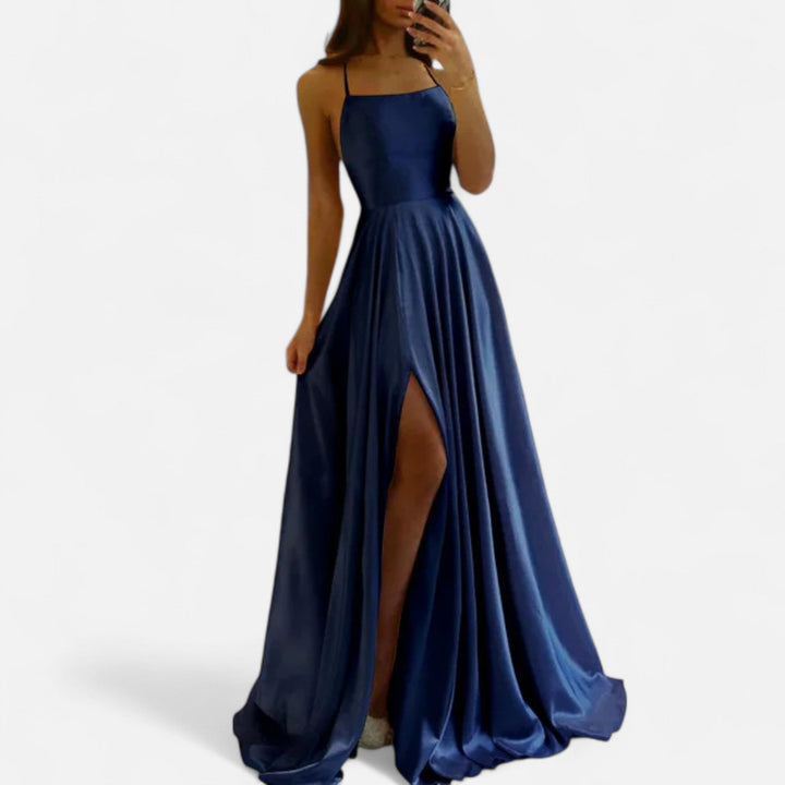 Stylish green formal maxi dress with a side slit, a beautiful option for a wedding or evening event