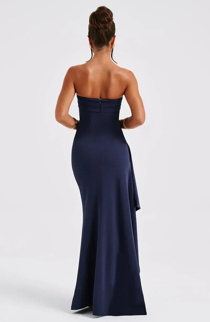 Women's glamorous navy blue off-shoulder maxi dress, a new arrival in formal and party wear.