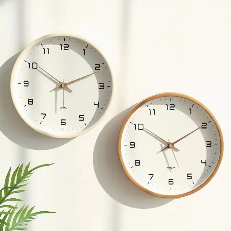 Elegant Nordic wooden wall clock, minimalist design for modern home decor. Silent quartz movement in cream and brown.