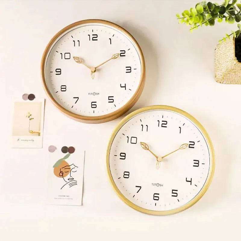 Modern cream and brown wooden wall clock. Minimalist Nordic style, silent quartz for elegant home decor.