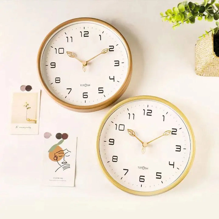Modern cream and brown wooden wall clock. Minimalist Nordic style, silent quartz for elegant home decor.