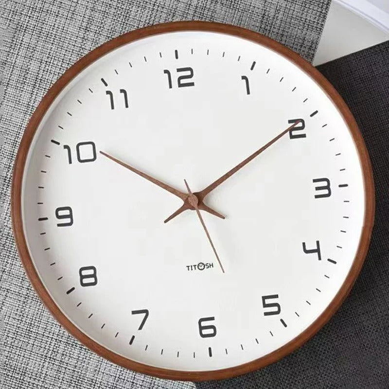 Stylish silent quartz wooden wall clock. Minimalist Nordic design in cream/brown, perfect modern home decor accent.