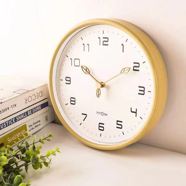 Minimalist wooden wall clock, a Nordic accent for elegant home decor. Cream and brown tones, silent quartz movement.
