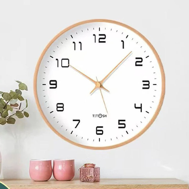 Modern minimalist Nordic wooden wall clock, cream/brown. Silent quartz, elegant home decor accent.