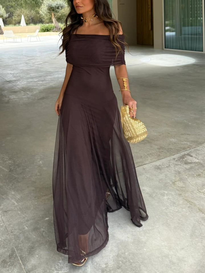 Brown off-shoulder maxi dress with flowing fabric, ideal for summer garden parties.