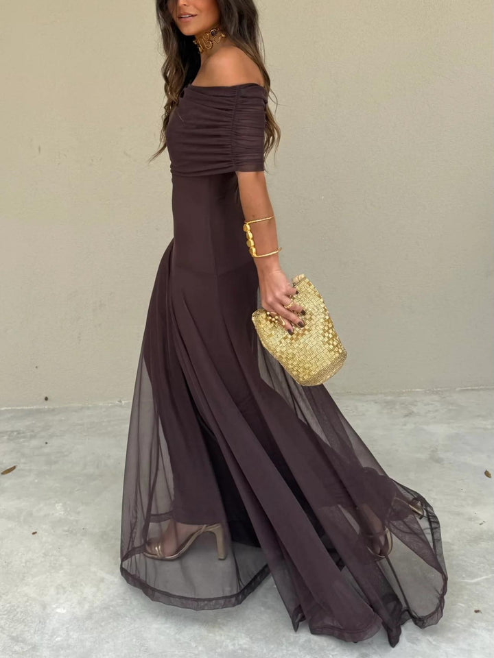 Flowing off-shoulder garden party maxi dress, a romantic choice for summer events.
