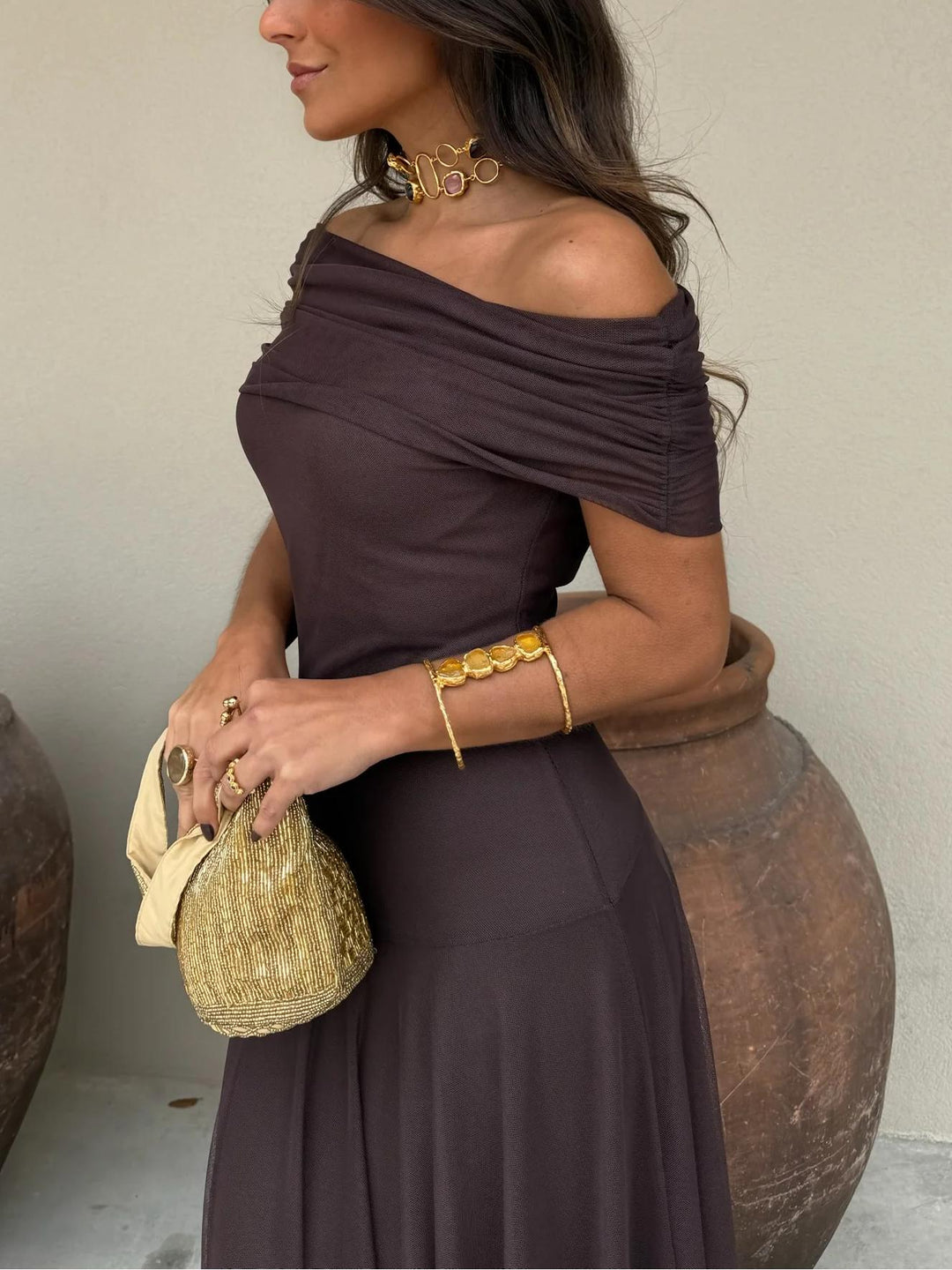 Brown off-shoulder elegant maxi dress for women, designed for special occasion garden parties.