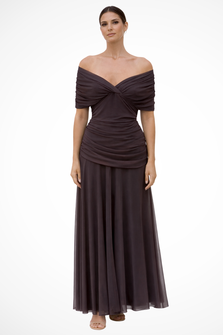 Elegant off-shoulder pleated midi dress for women, perfect for summer parties & special occasions.