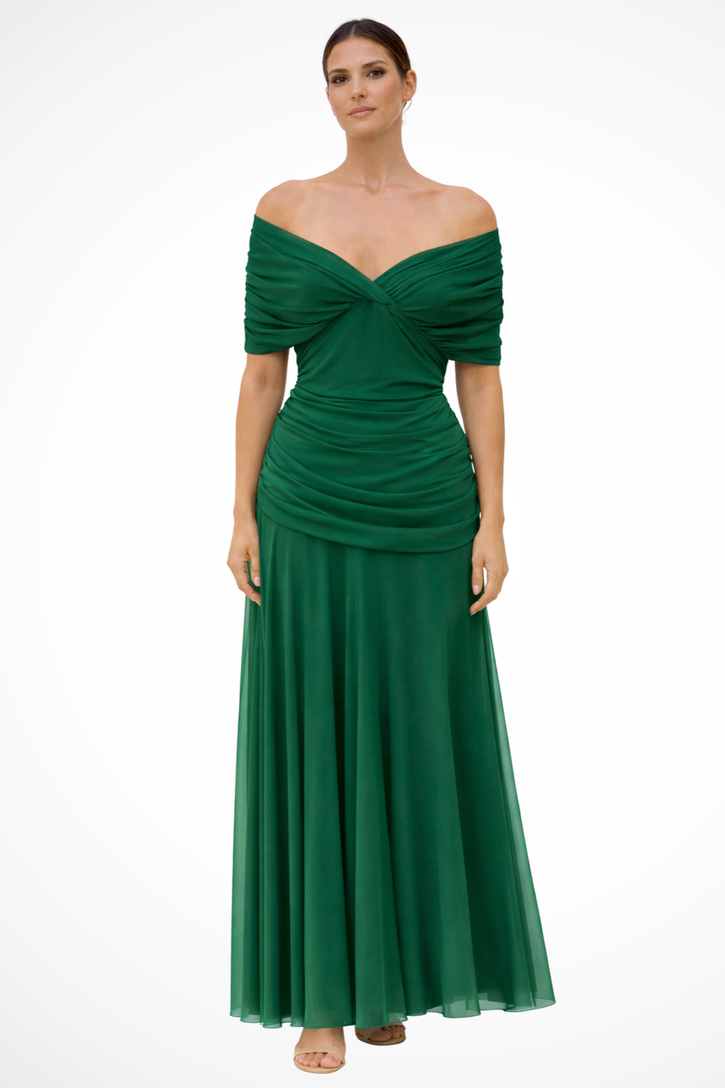 Stylish women's off-shoulder pleated midi dress, offering an elegant look for summer fashion.