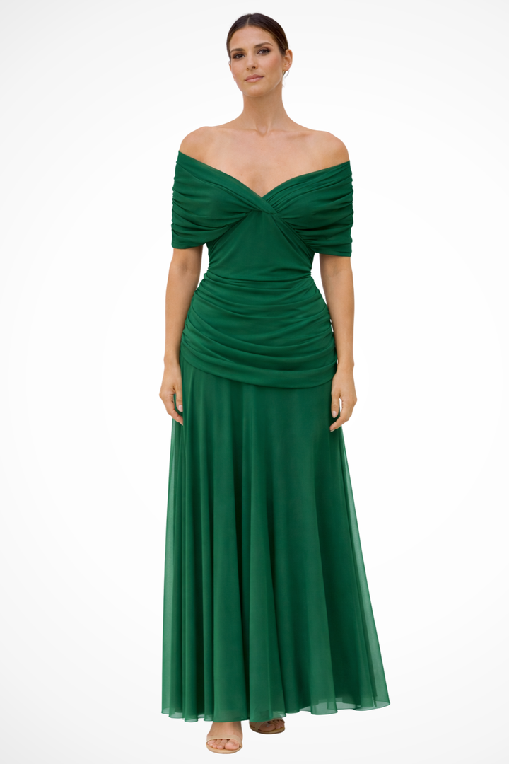 Stylish women's off-shoulder pleated midi dress, offering an elegant look for summer fashion.