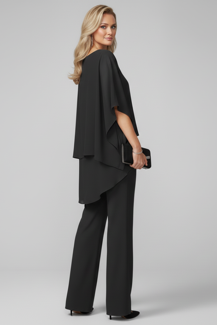 Women's off-shoulder jumpsuit with wide legs, showcasing chic and comfortable evening wear.