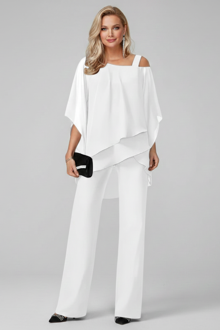 Fashionable off-shoulder wide-leg jumpsuit, perfect for a sophisticated party or evening look.