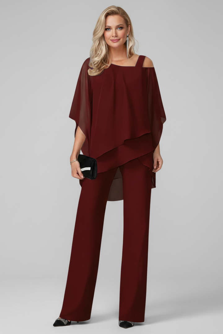 Modern women's off-shoulder wide-leg jumpsuit, combining elegance with a flowing, comfortable design.