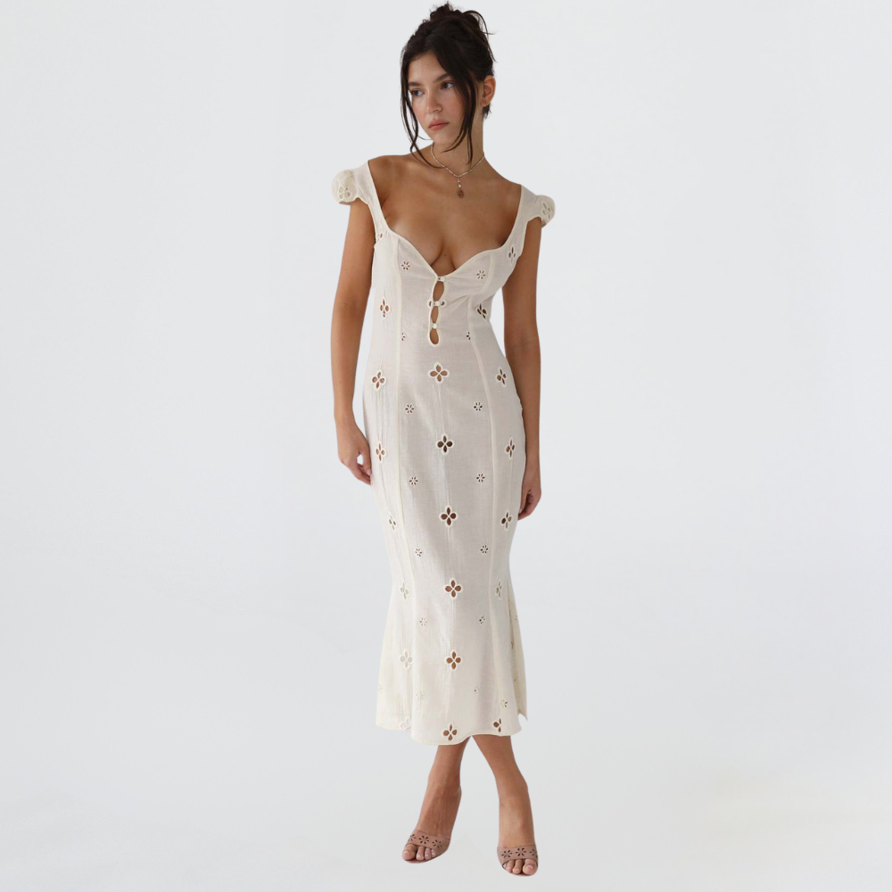 Graceful women's white mermaid gown, fitted silhouette, ideal for a summer wedding guest or elegant party.