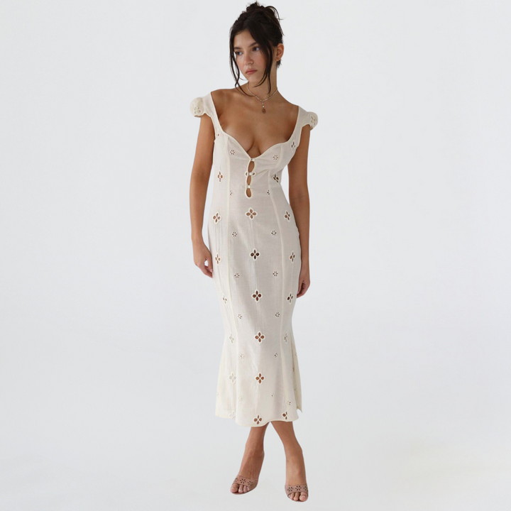Graceful women's white mermaid gown, fitted silhouette, ideal for a summer wedding guest or elegant party.