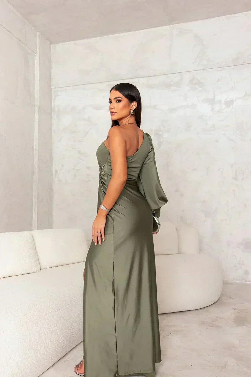 Women's formal one-shoulder maxi dress with a graceful flowing skirt for special occasions.