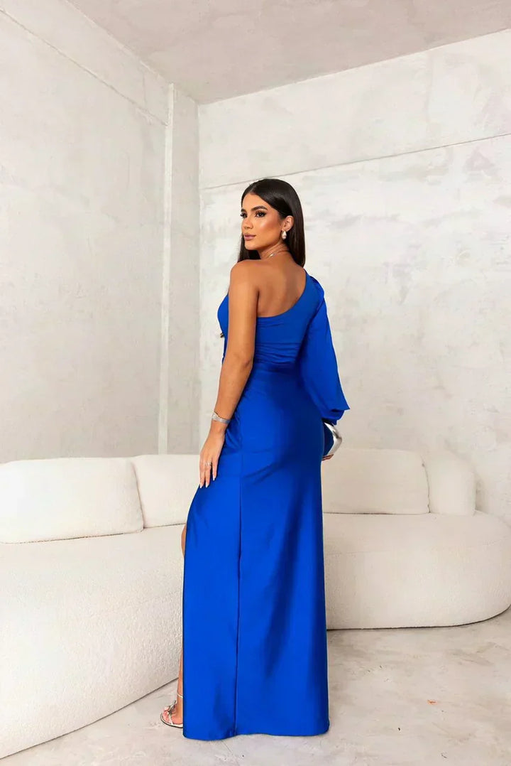 Women's party dress: a beautiful one-shoulder flowing maxi gown with a flattering silhouette.