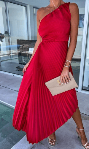 Women's elegant one shoulder pleated maxi dress, a sophisticated choice for special occasion wear