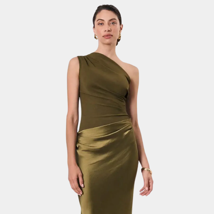 Elegant one-shoulder satin maxi dress in black, perfect for formal evening events.