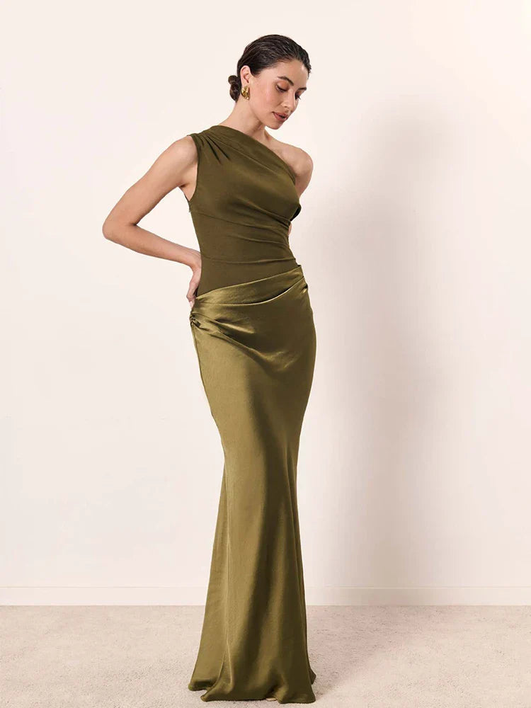 A vibrant teal one-shoulder satin maxi dress, perfect for making a stylish statement.