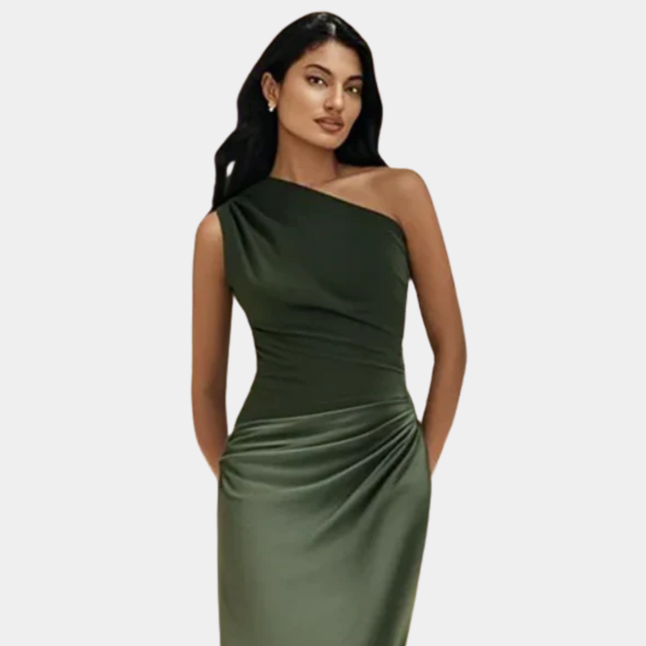 Graceful royal blue one-shoulder satin maxi dress, ideal for an upscale party or gala.