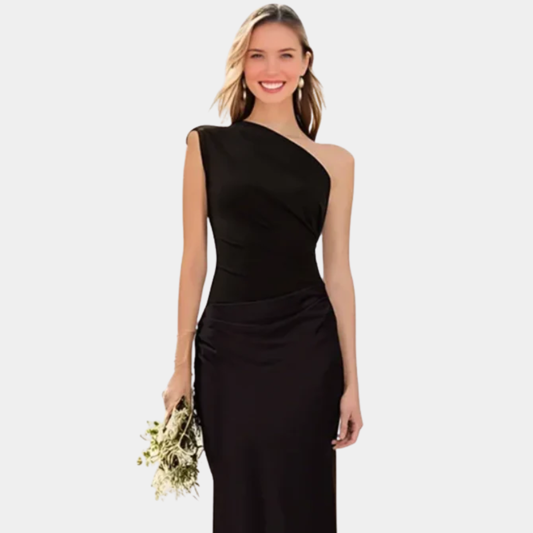 Sleek and sophisticated emerald green one-shoulder satin maxi dress with a flowing skirt.