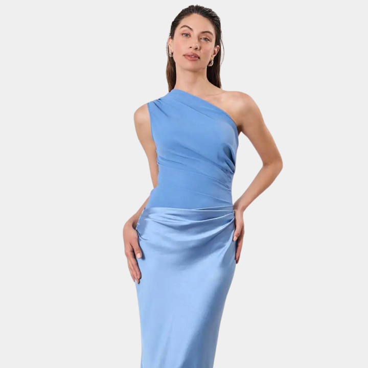 Chic silver-grey one-shoulder satin maxi dress, a versatile choice for elegant occasions.